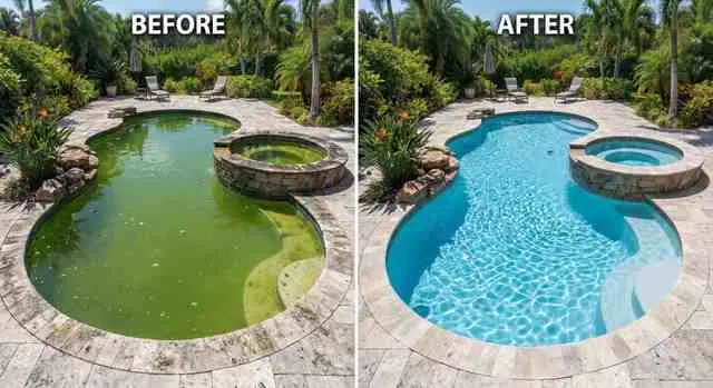 A green pool and spa next to the same pool and spa clean and blue, marked before and after