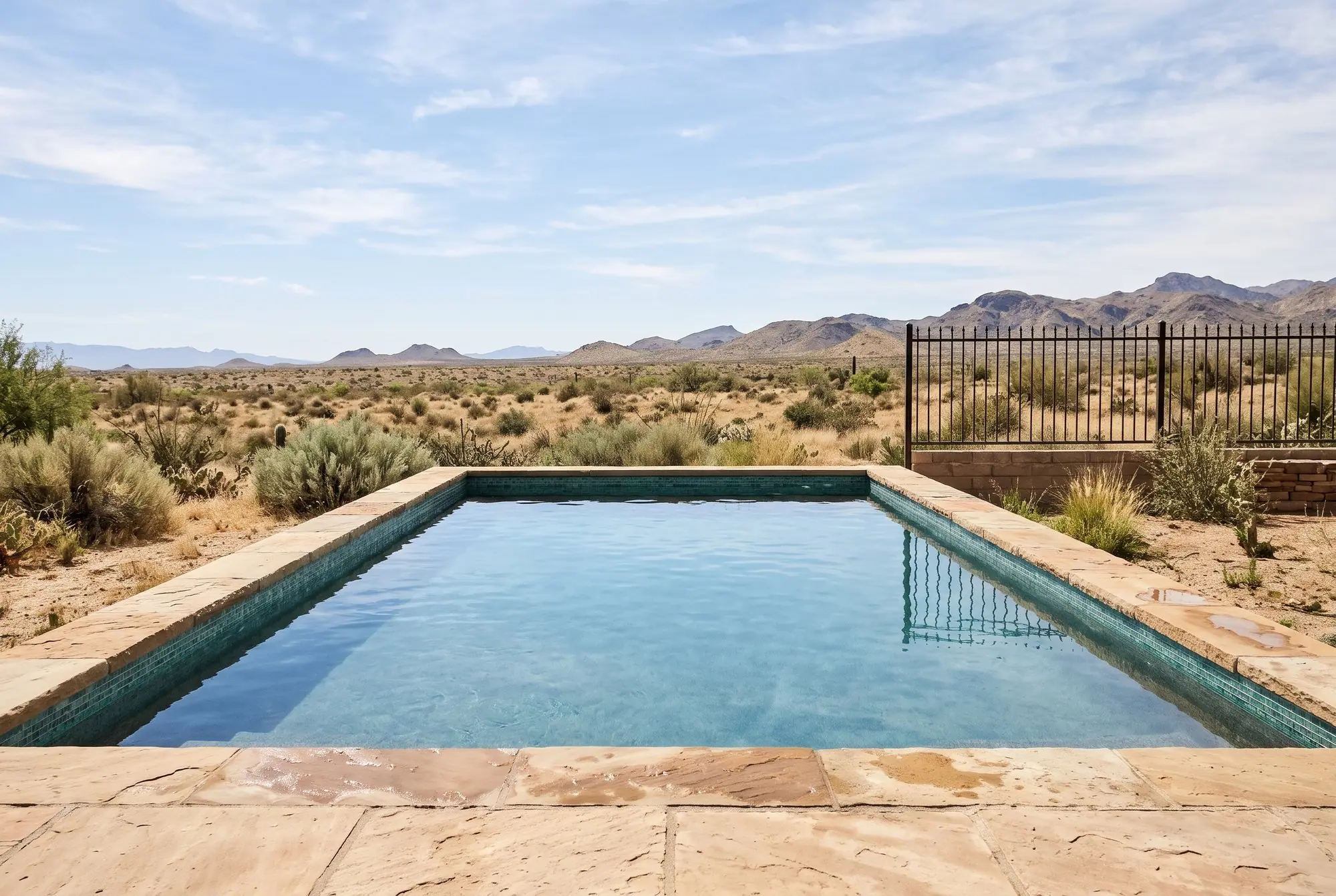 Rectangular pool with sea-green glass tile and open high desert beyond the fence