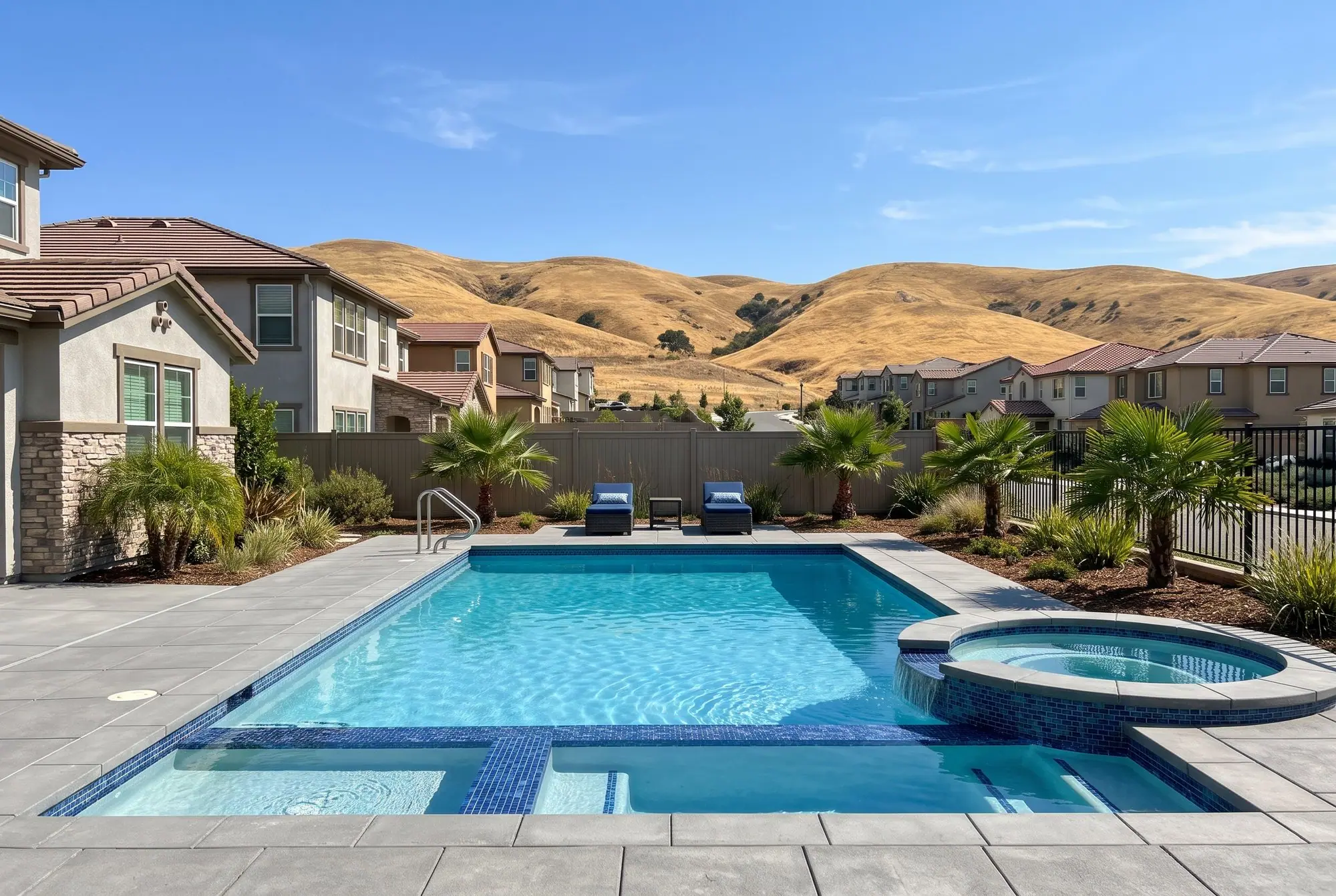 Backyard pool with blue glass tile and golden hills behind a newer neighborhood