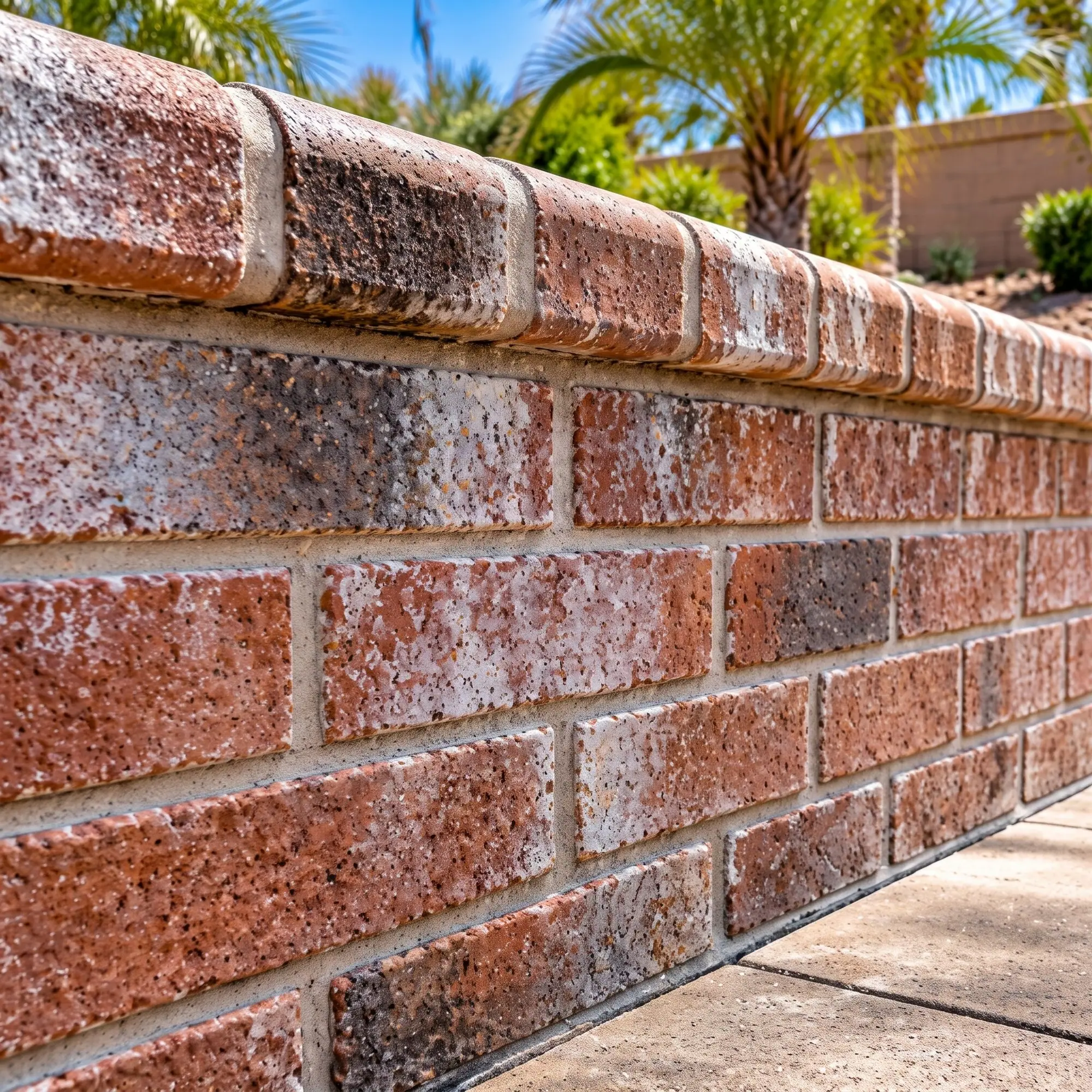Red brick wall with white chalky efflorescence across the face