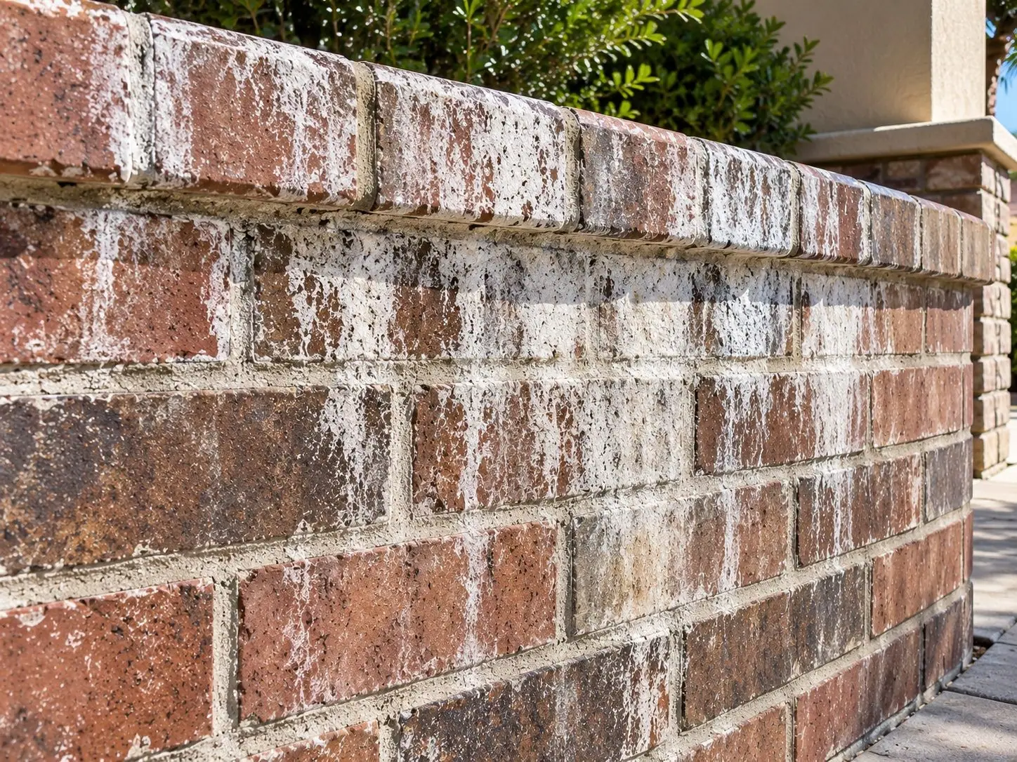 Red brick wall streaked with white efflorescence and calcium
