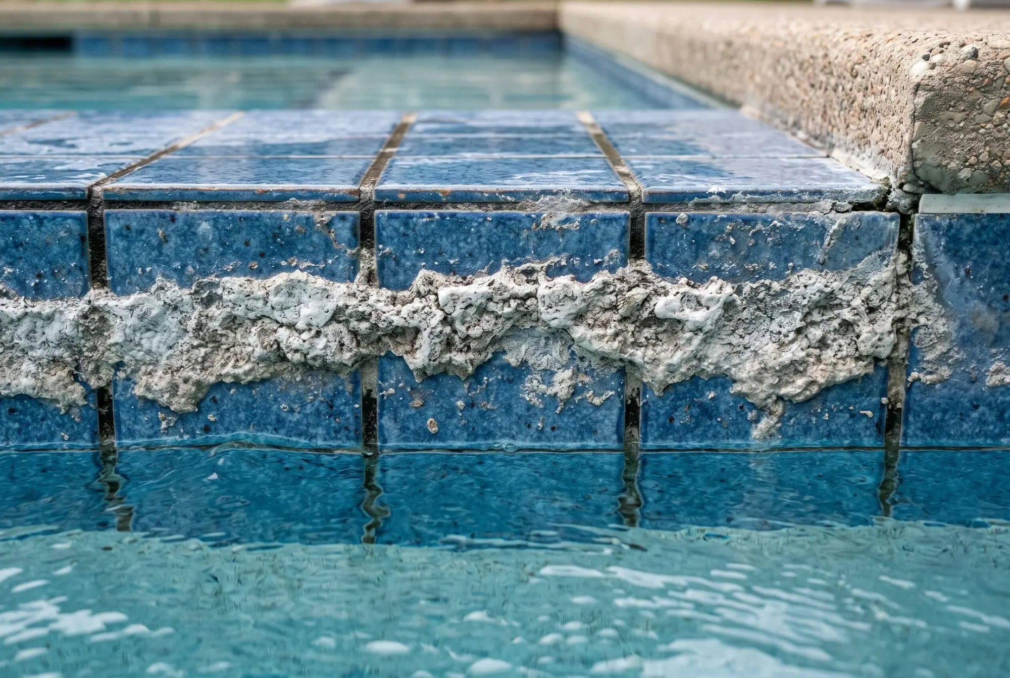 Close-up of a crusty white band of calcium scale on blue pool tile