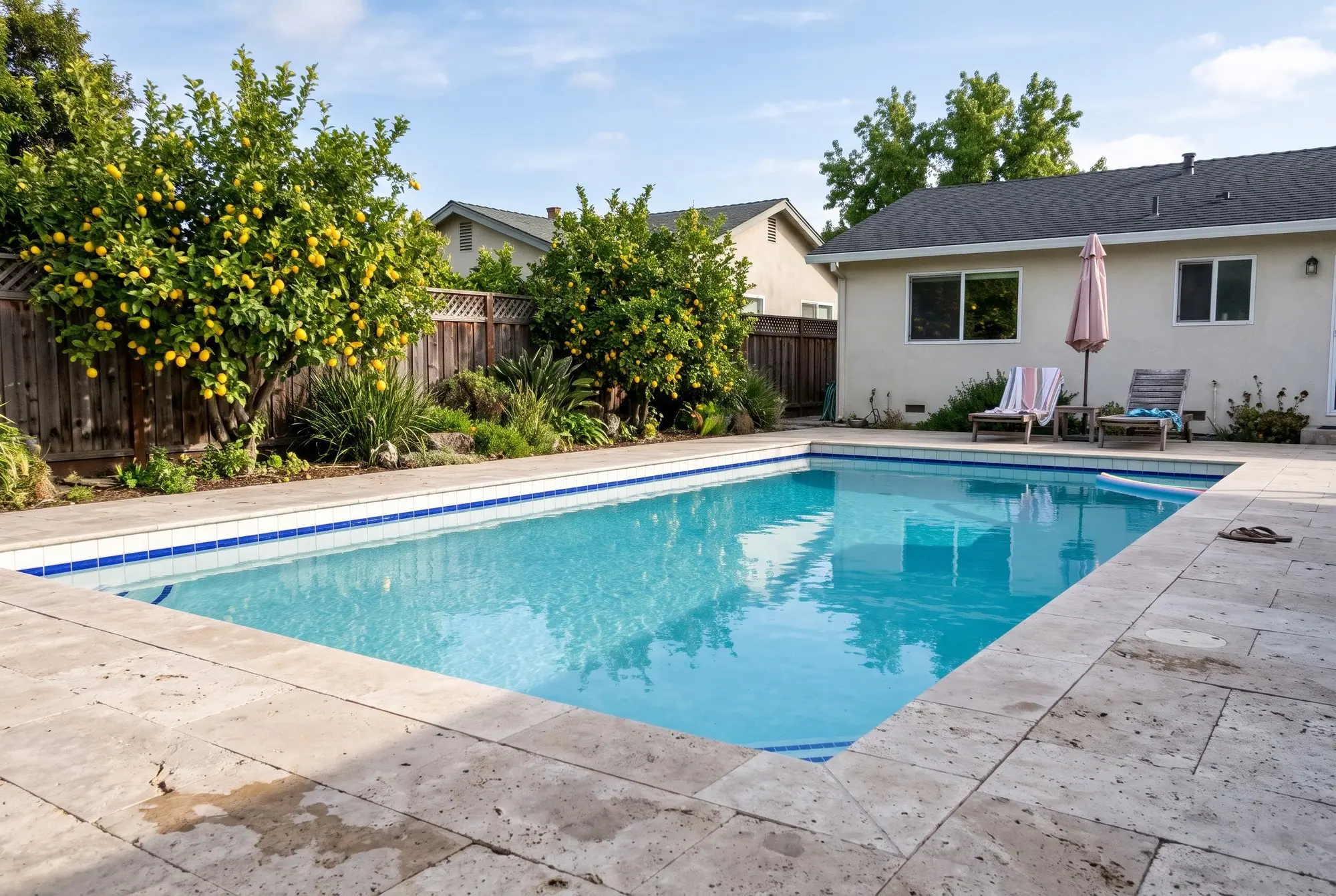 Pool with white tile and a blue accent border, travertine deck and lemon trees