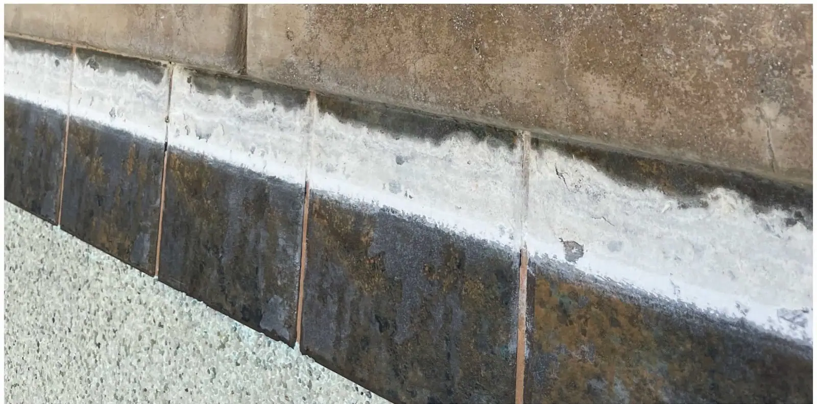 Before: Dark pool tile with a thick white band of calcium along the top