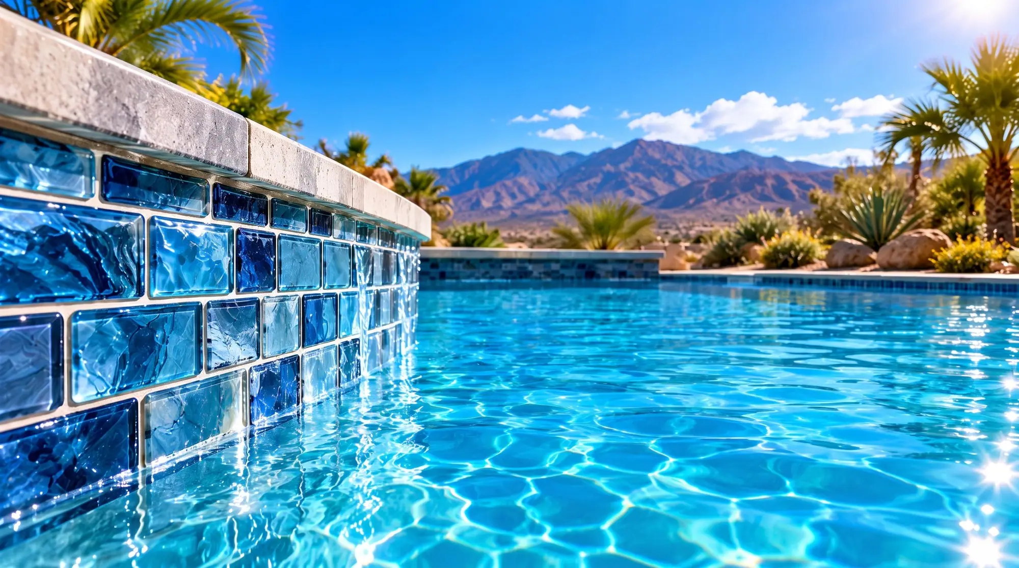 Clean blue glass tile along a pool edge, with clear water and desert mountains in the distance