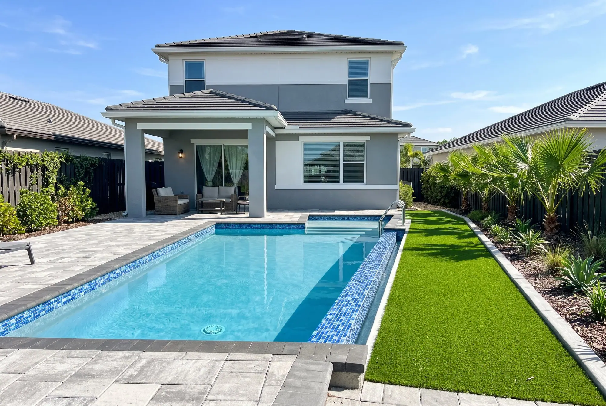 Backyard pool at a newer home with blue and white glass mosaic tile