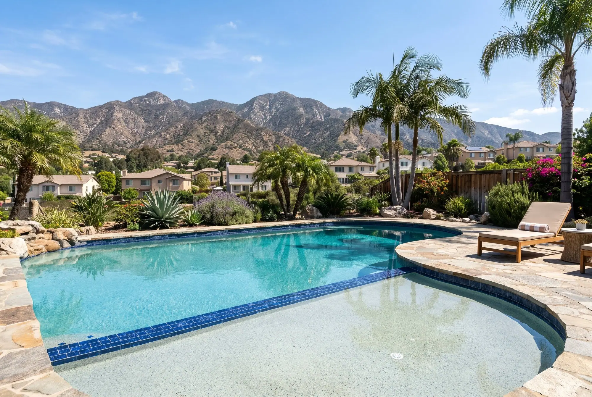 Large backyard pool with blue glass tile and the mountains beyond the rooftops