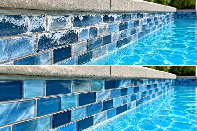 Blue glass waterline tile crusted with white calcium above the same tile clean