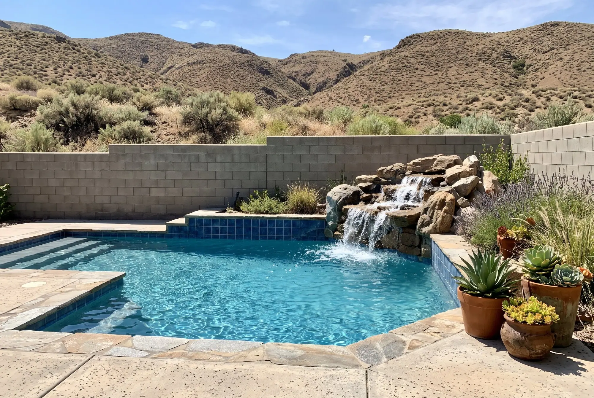 Backyard pool with a rock waterfall in the corner and a blue tile waterline