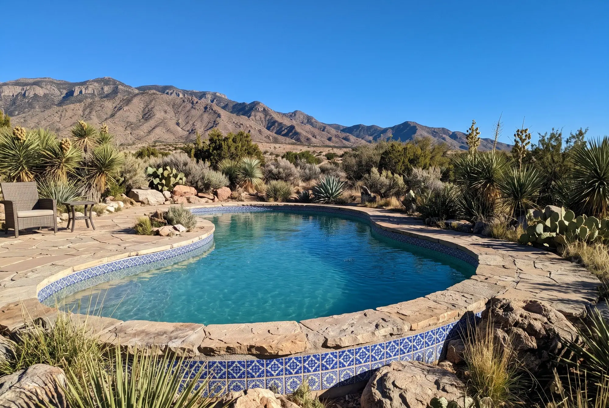 Freeform pool with white and blue tile at the waterline, rock landscaping and desert mountains