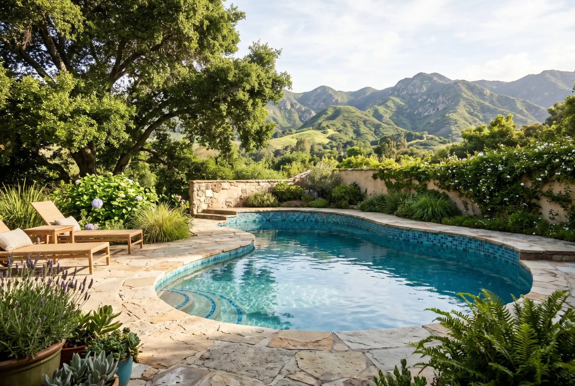 Kidney-shaped pool with a blue and turquoise tile waterline and foothills behind