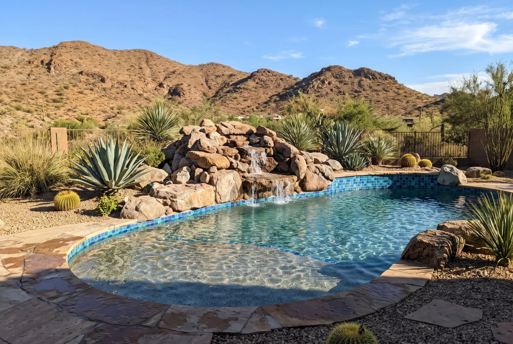 Backyard pool with a boulder grotto and small waterfall