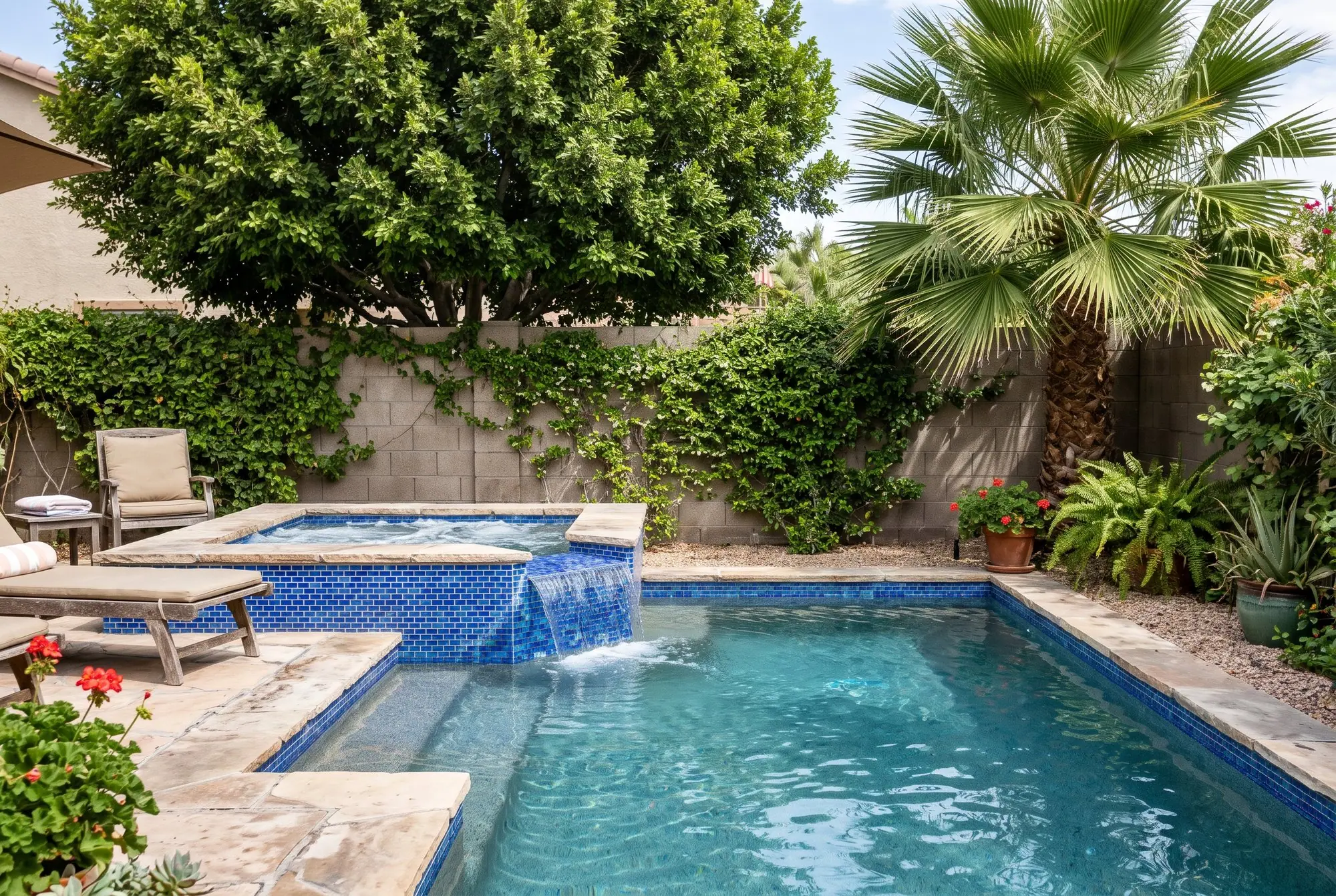 Small pool with a raised spa spilling over blue mosaic tile