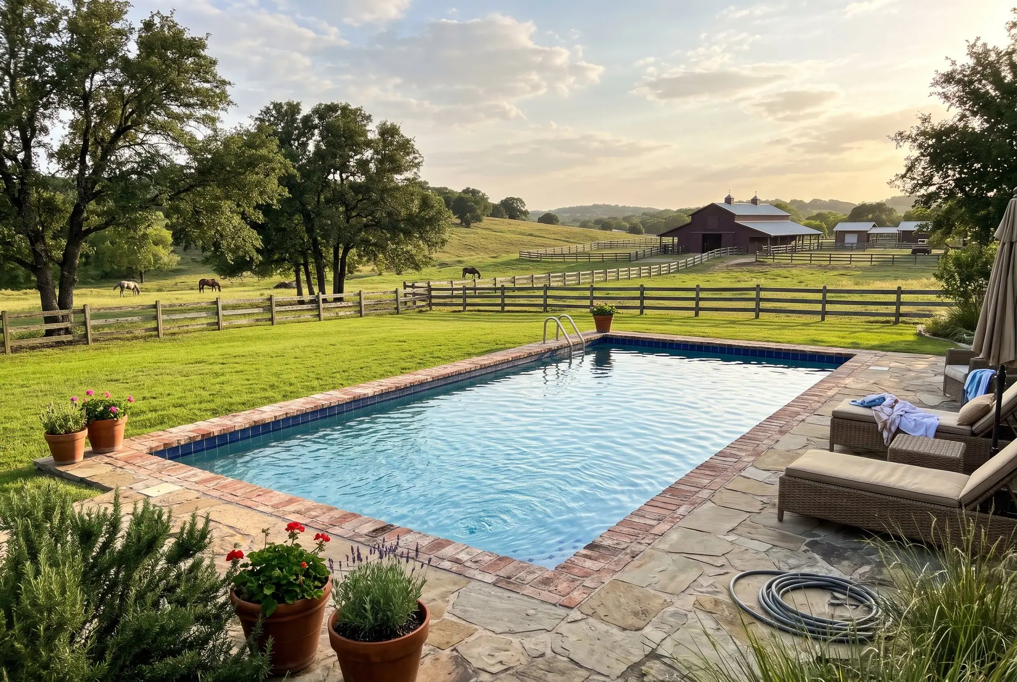 Backyard pool on a ranch lot with a split-rail fence and rolling hills