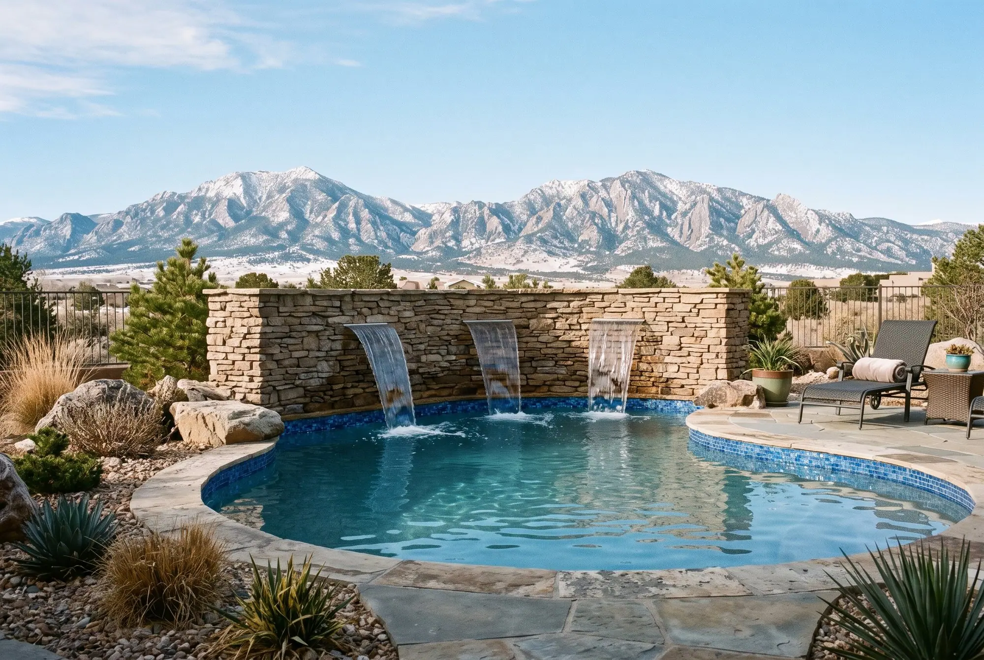 Pool with a stacked stone wall and three sheer water features pouring in