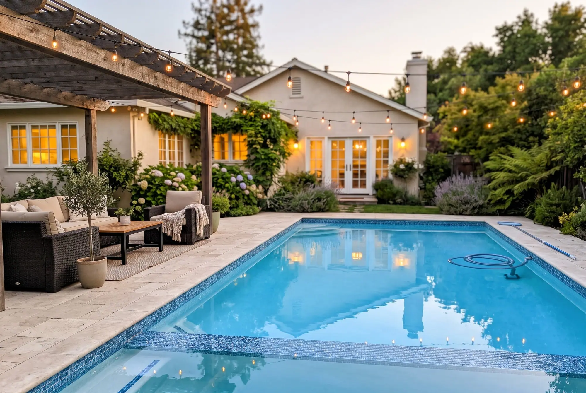 Clean backyard pool at a home staged for sale, at golden hour