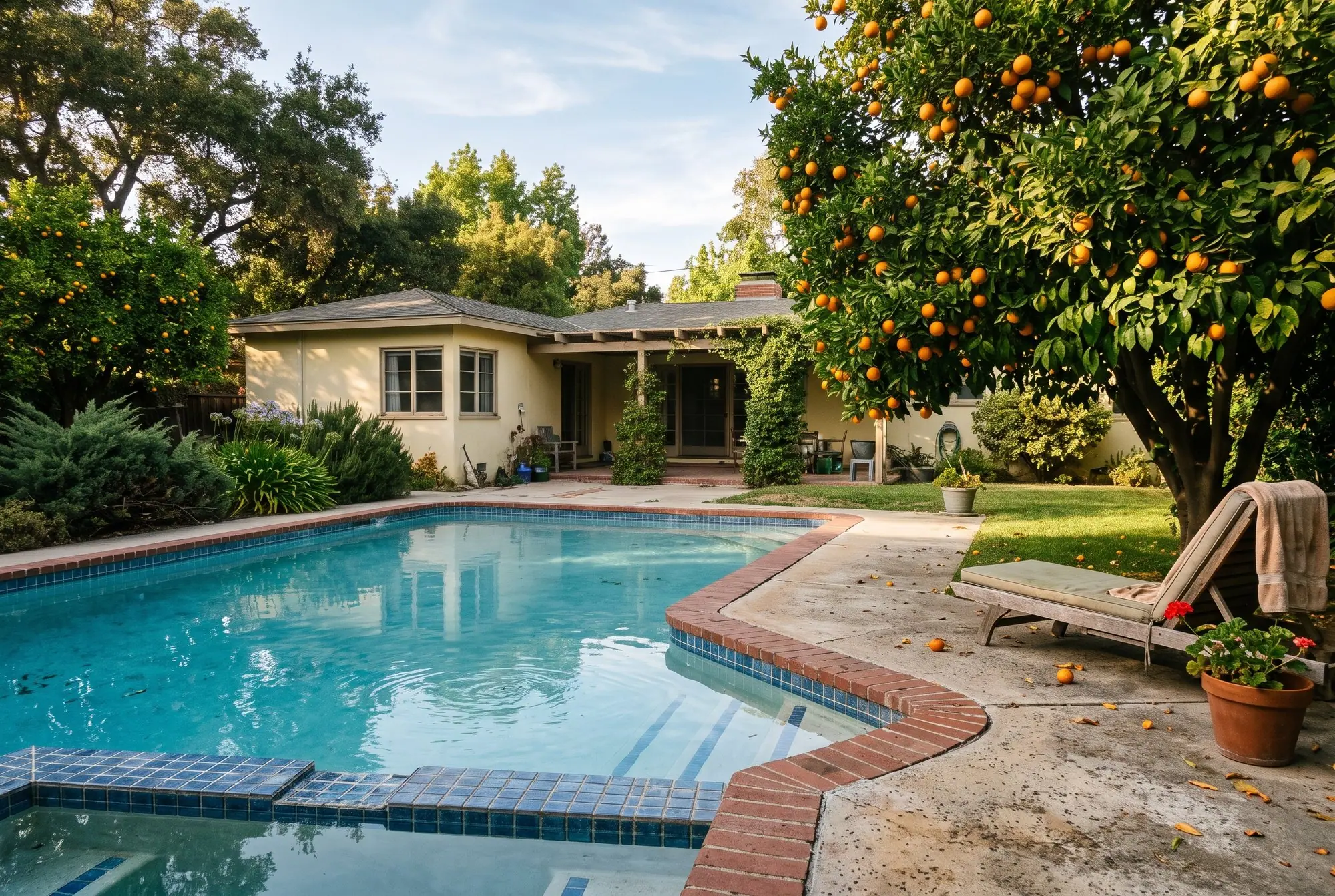 Older backyard pool with square blue tile, brick coping and an orange tree