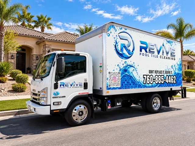 The Revive Pool Tile Cleaning truck parked in front of a home with palm trees