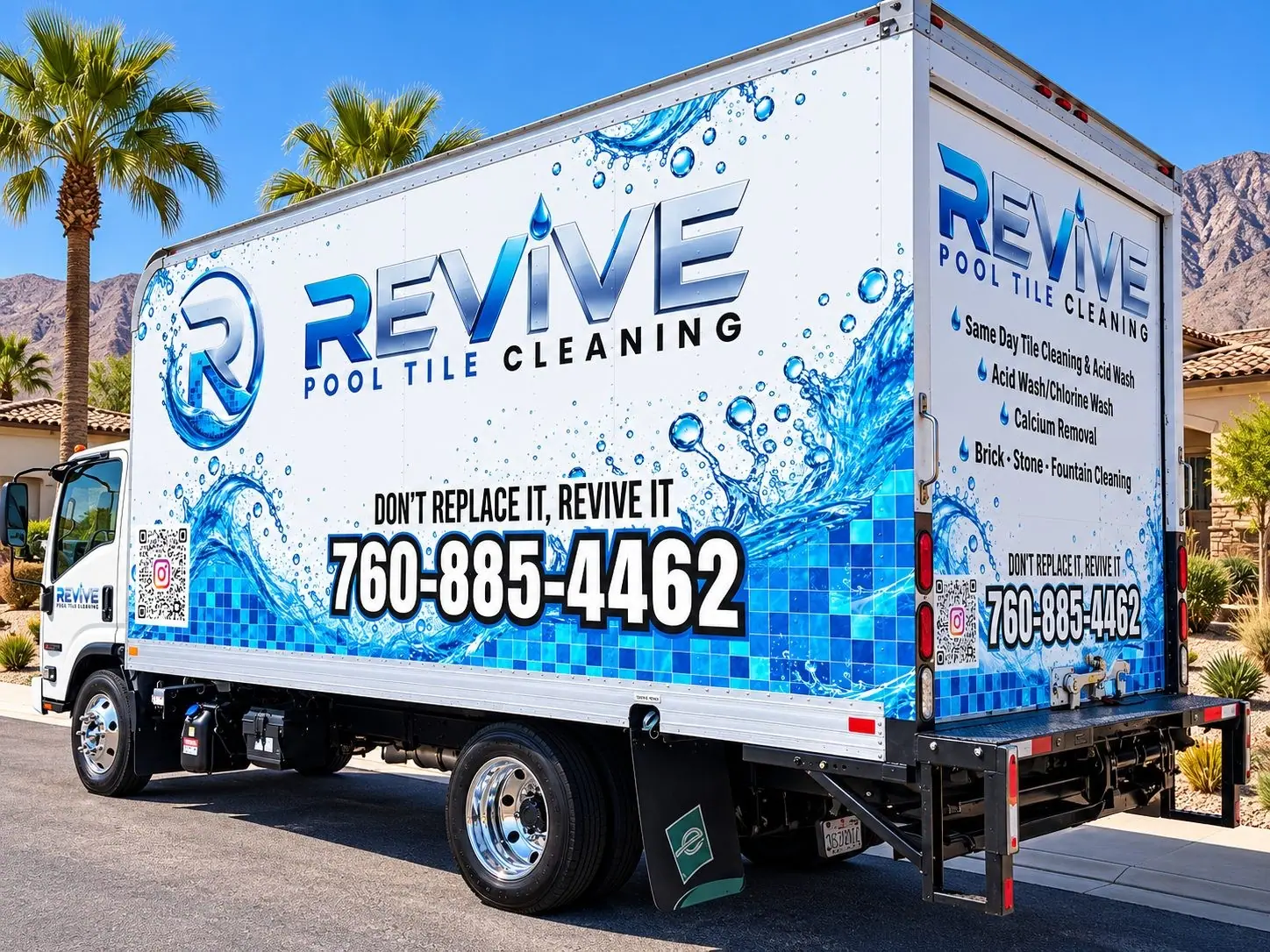 The Revive Pool Tile Cleaning truck with its phone number on the side, parked on a street with palm trees
