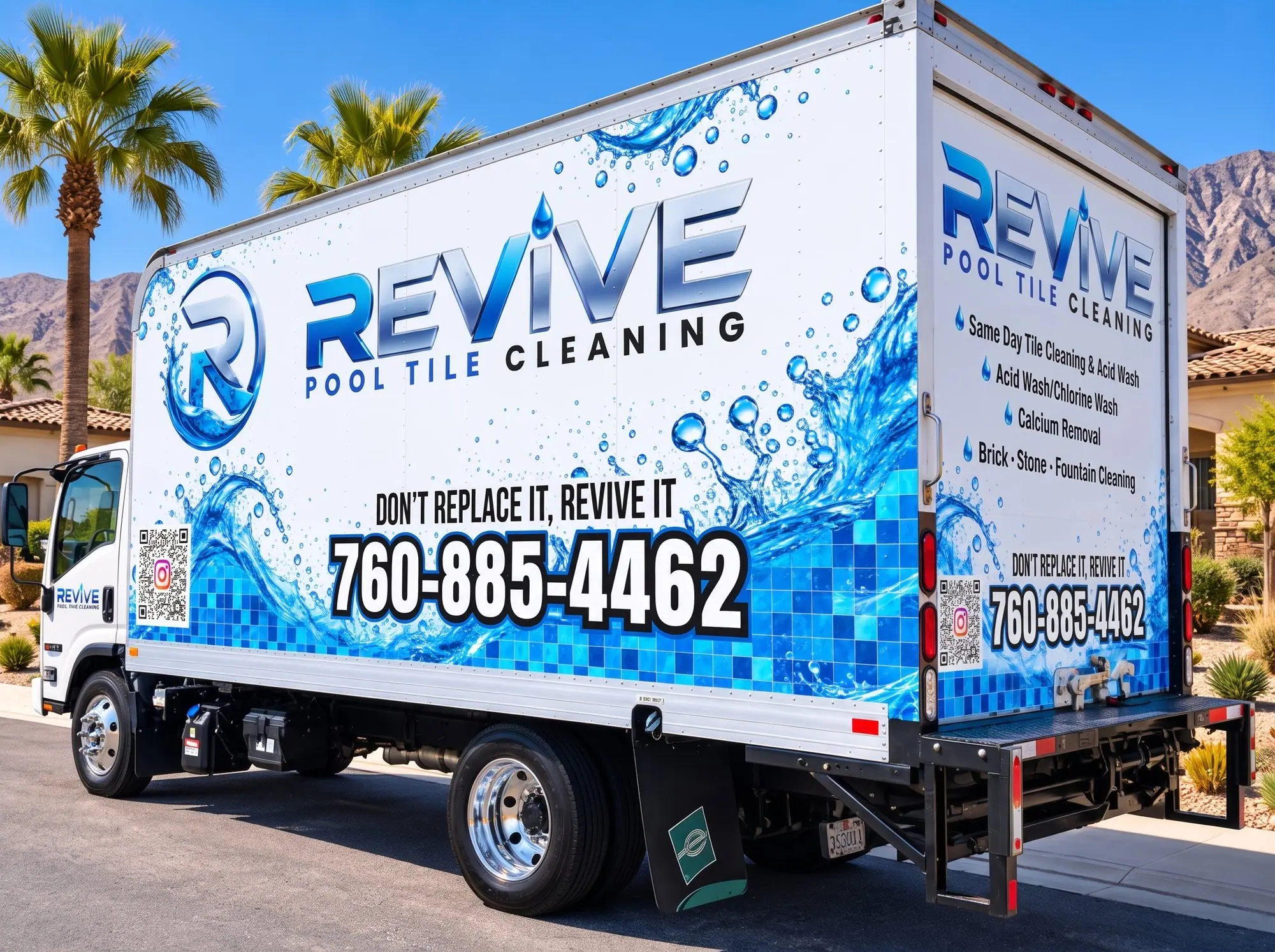 The back of the Revive Pool Tile Cleaning truck, with the logo and phone number