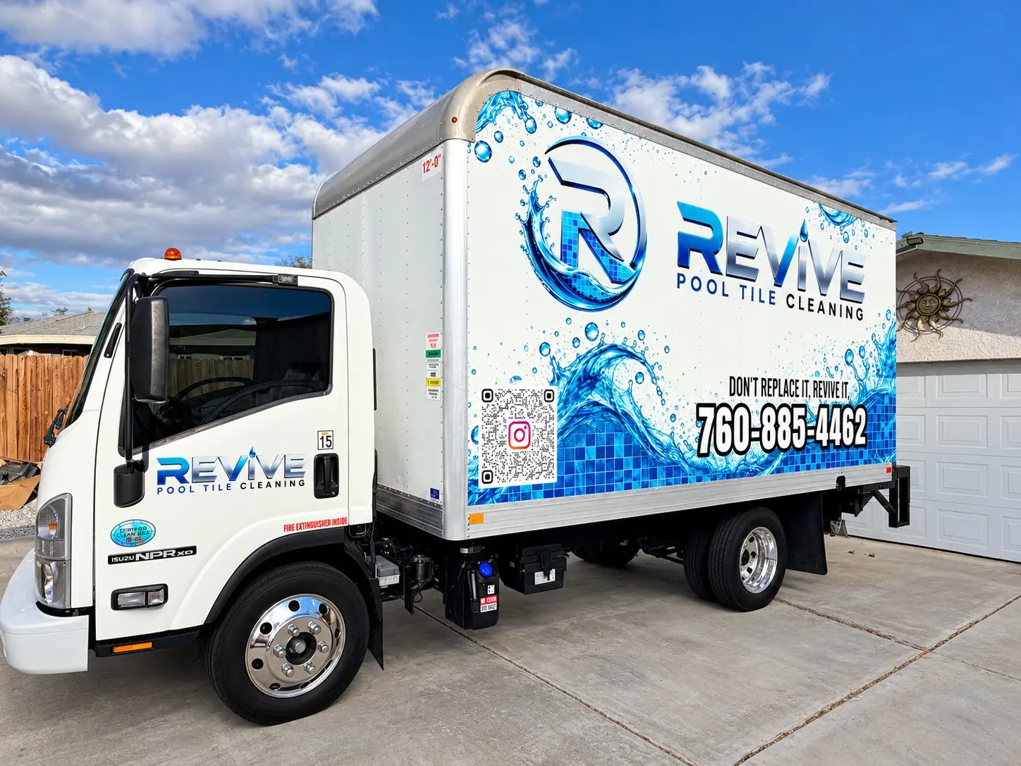The Revive Pool Tile Cleaning box truck parked in a driveway