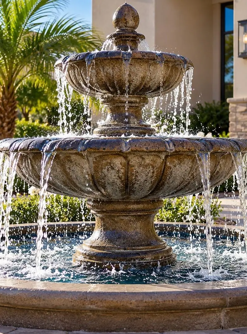 The top tiers of a stone fountain with water running over them