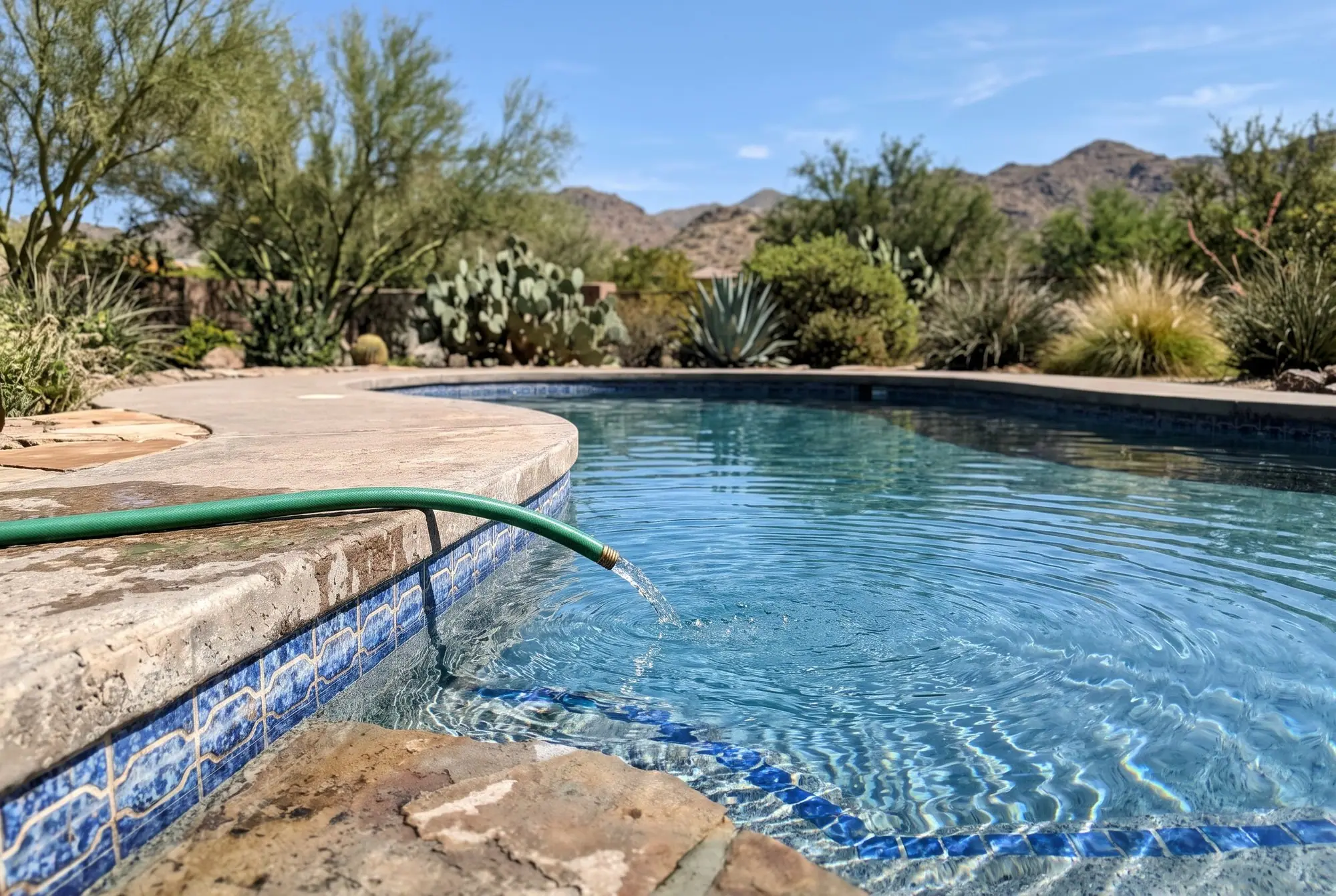 A garden hose topping off a backyard pool