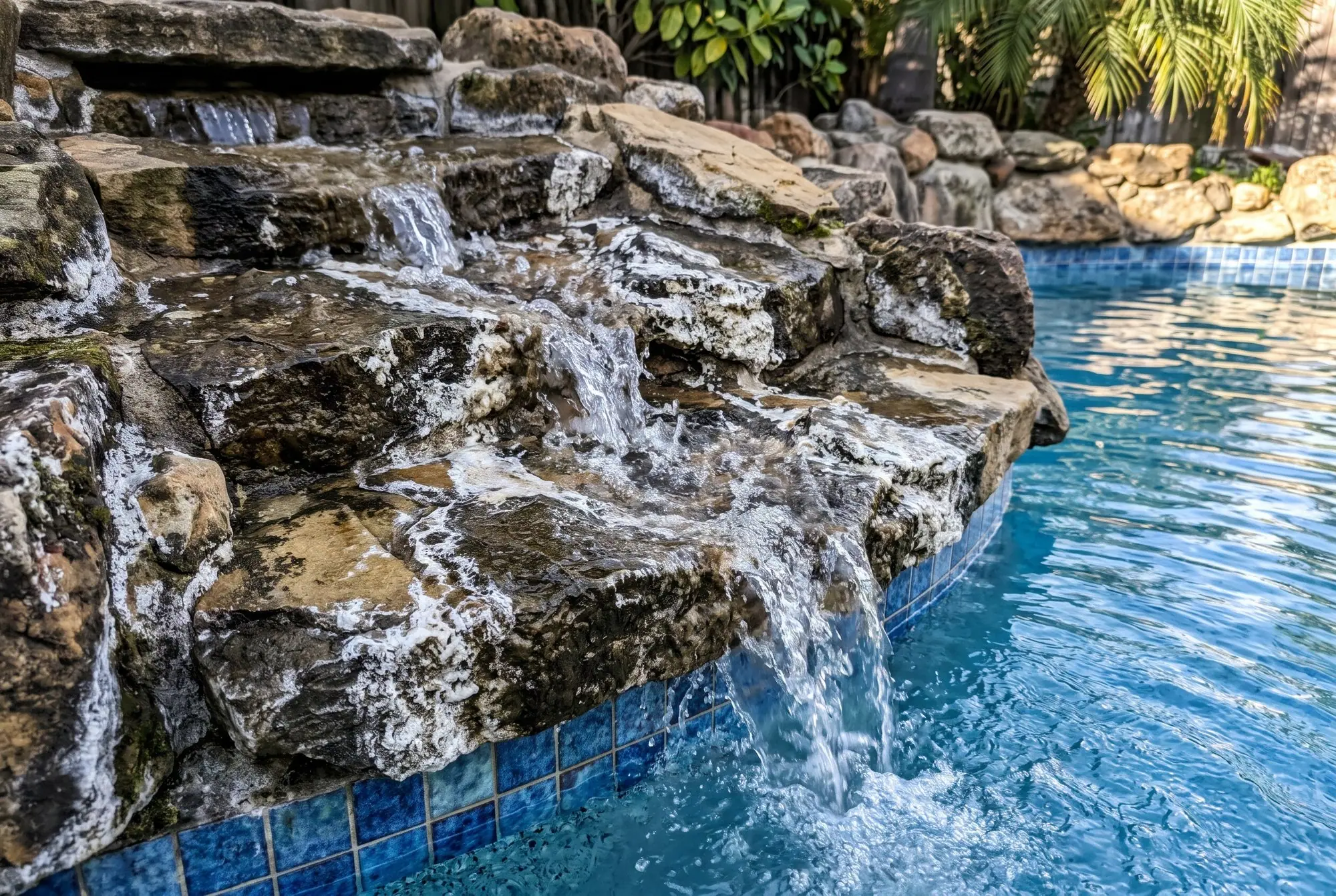 White calcium streaks on the rocks of a pool waterfall