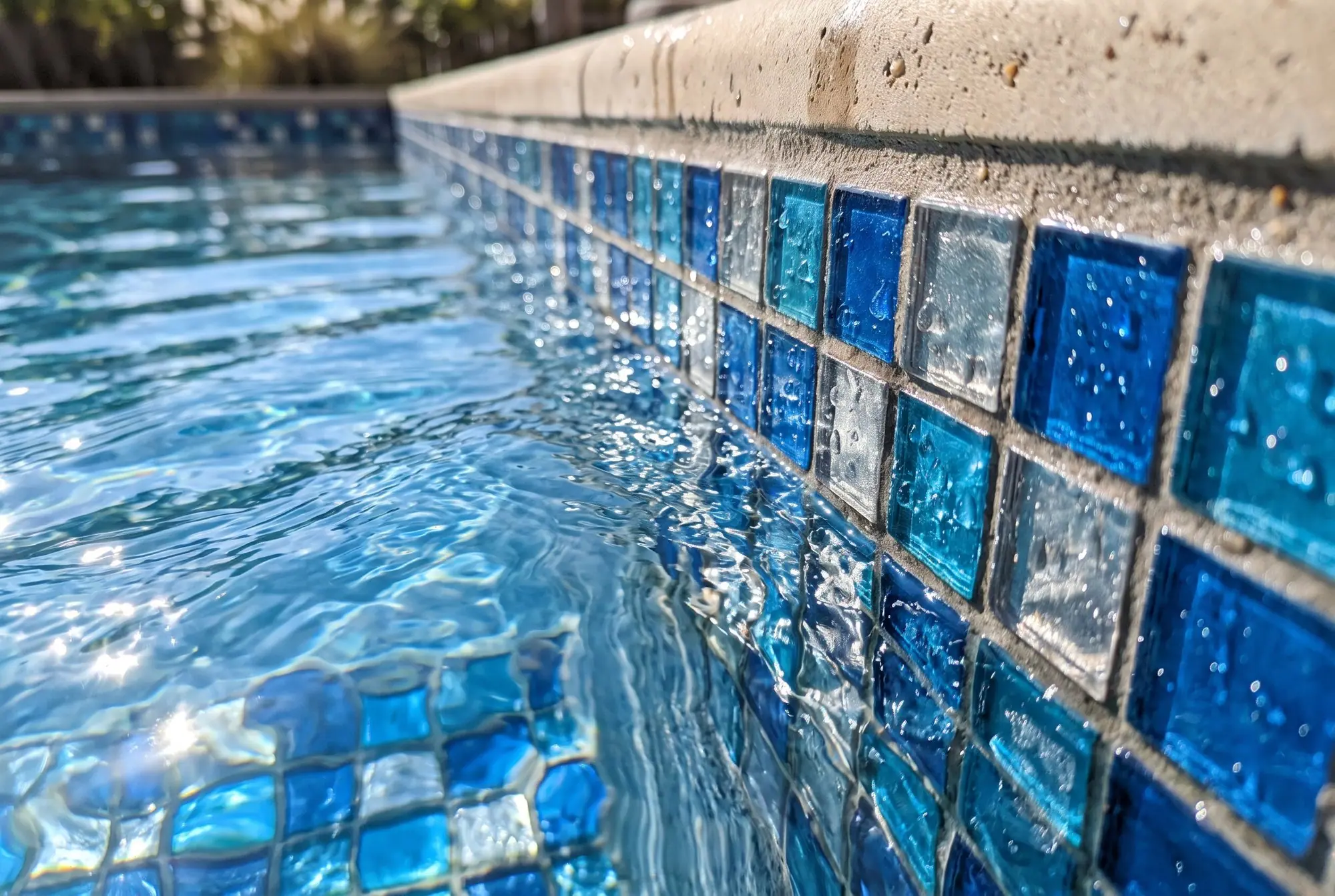 Close-up of clean blue and silver glass mosaic tile at the waterline
