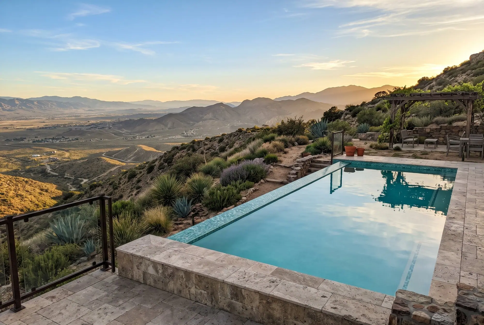 Hillside pool with aqua glass tile looking out over a valley